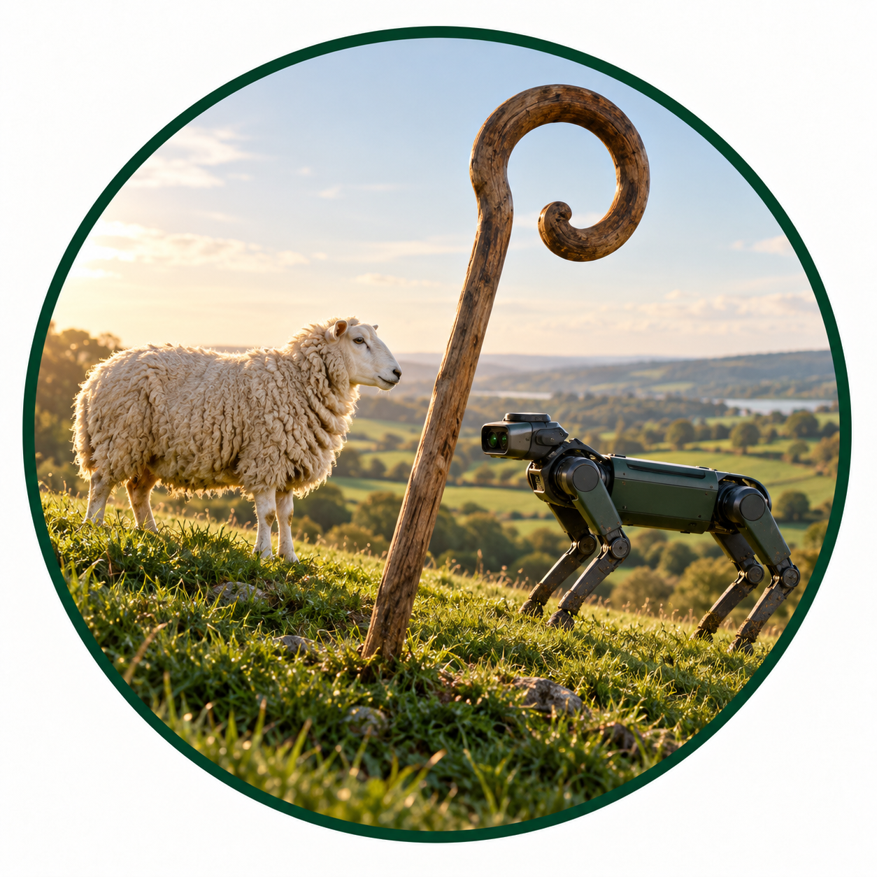 Auto Shepherd sheep and robot dog in a field